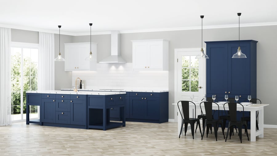 Modern house interior. Interior with blue kitchen. 3D rendering.