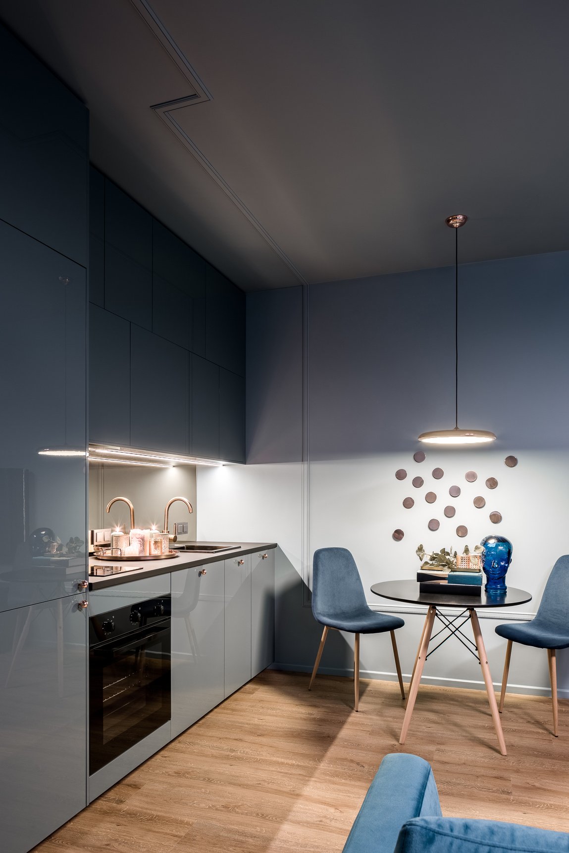 Dark home interior with kitchen